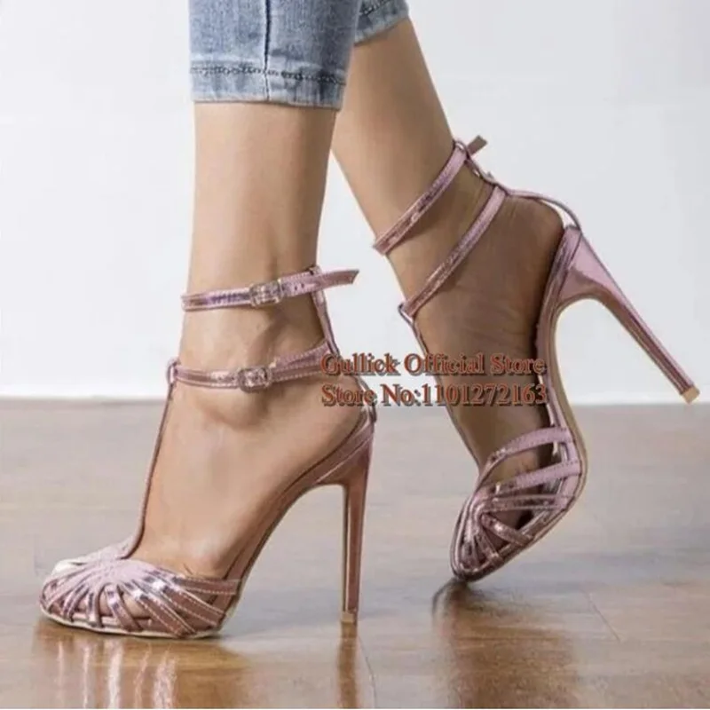 

Sexy Closed Toe Women Strappy Sandals Purple Metallic Leather Ankle Strap Thin Heels Hollow Women Dress Shoes