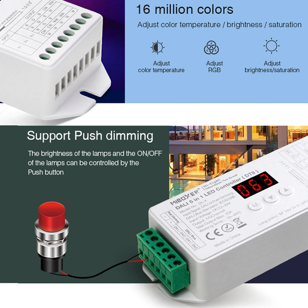Miboxer DL-X DC12~24V 5In1 DALI DT8  Digital Display single/Double White/RGB/RGBW/RGB+CCT LED Strip Dimmer Controller