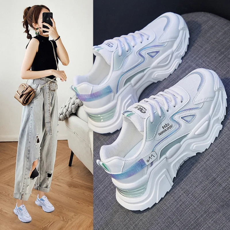 Sepatu Platform wanita, sneaker Chunky olahraga Jogging kasual jala udara musim semi