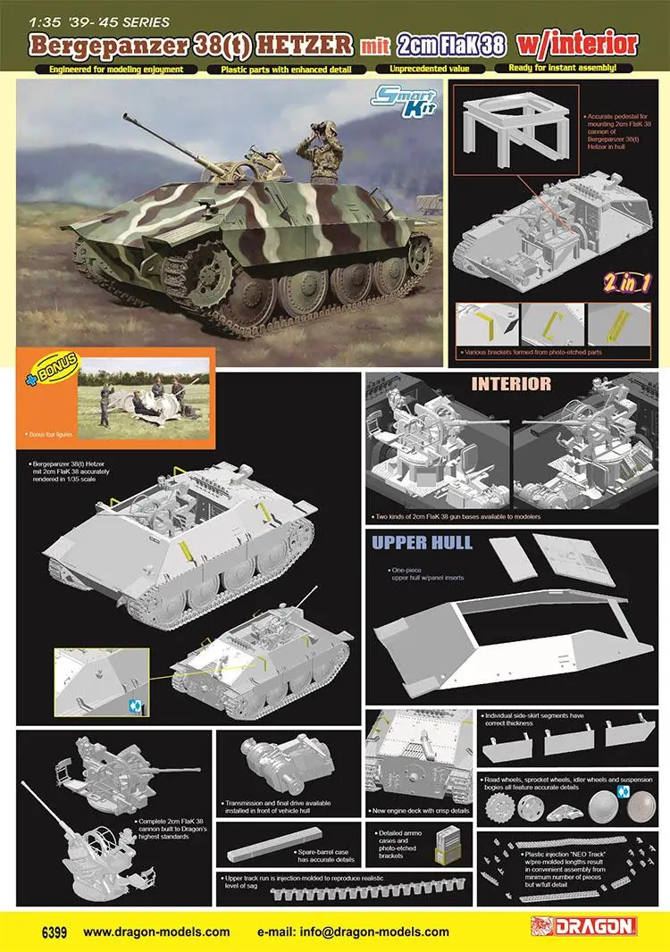 DRAGON 6399 1/35 Scale Bergepanzer Jagdpanzer 38(t) HETZER mit 2cm FlaK 38