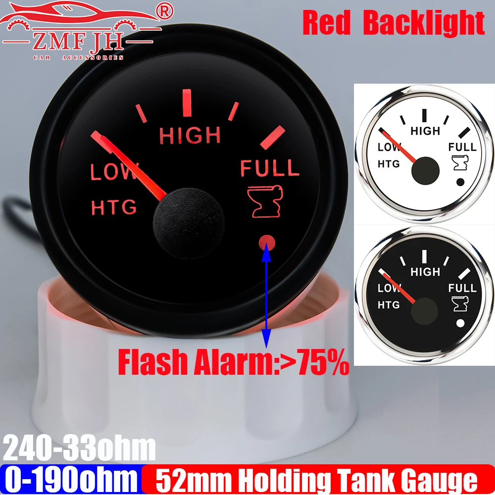 

ZMFJH Red Backlight 2"52MM Holding Tank Gauge with Flashing Warning 0-190ohm,240-33ohm Sewage Level Gauge Waste Meter Indicator