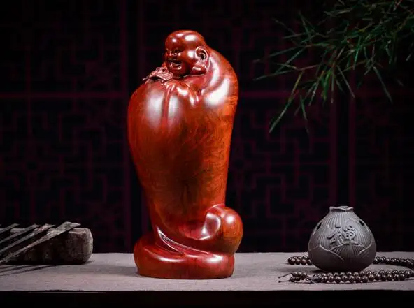 Special Offer--18CM TALL-HOME Spiritual protection Bless family # Handmade Yellow pear wood carving FU -MILE Buddha statue