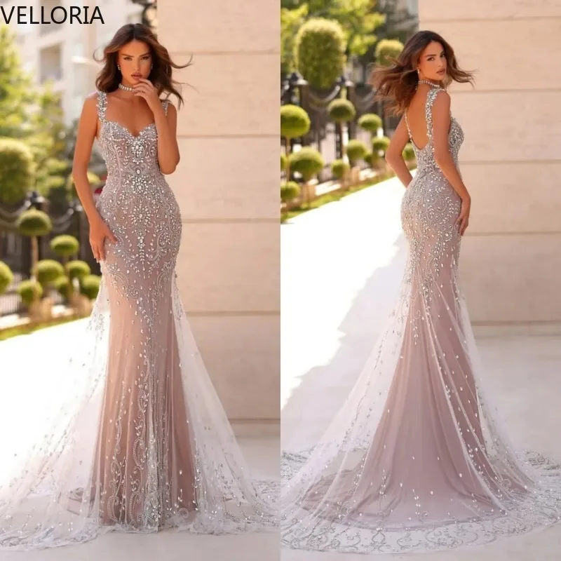 

Elegant Sleeveless Beaded Evening Dresses Sexy Crystal Spaghetti Straps Mermaid Prom Dress Customized Floor Length Party Gown