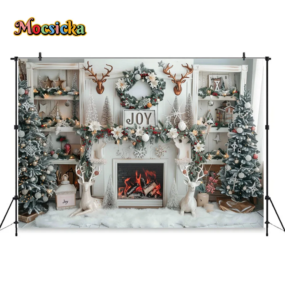 Mocsicka Christmas Fireplace Photography Background Xmas Tree White Cupboard Sock Backdrop Winter Kids Family Portrait Studio