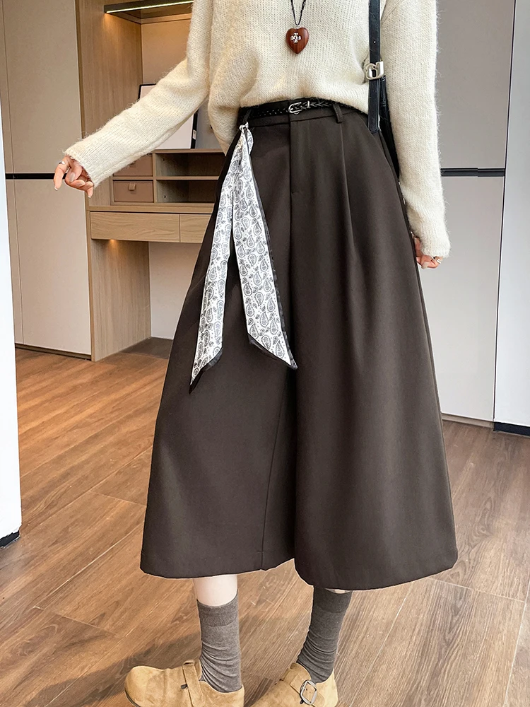 

Женские шерстяные повседневные брюки цвета кофе в стиле ретро с высокой талией, декоративным шарфом и прямыми штанинами, Ci Walk, с микроэластаном