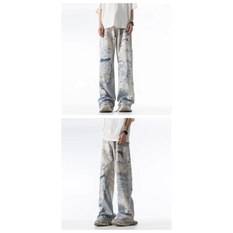 Pantalon en denim en toile épaisse pour hommes, impression 3D personnalisée, haut de gamme, version coréenne de la tendance hip-hop, mode motard, jeans amples pour hommes