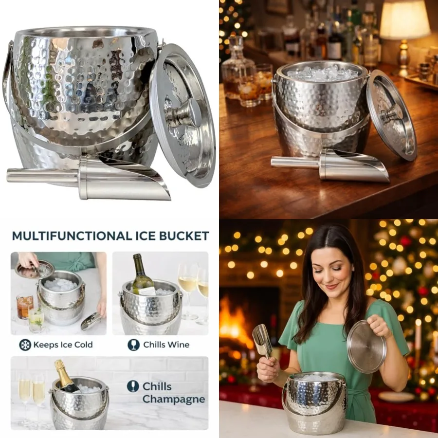 

3-QT Insulated Ice Buckets for Parties with Lid and Scoop - Iceberg Anchored Wine Chiller Champagne Bucket for Cocktail Bar, Me