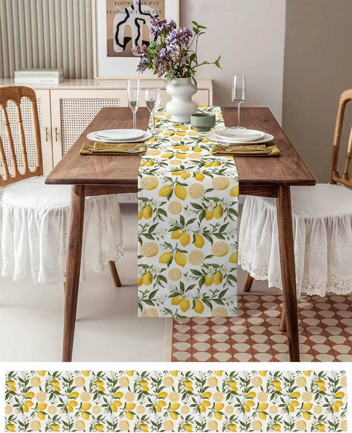 Watercolor Lemon Floral Leaves Linen Table Runner Home Decoration Summer Farmhouse Fruit Theme Kitchen Table Runners Party Decor