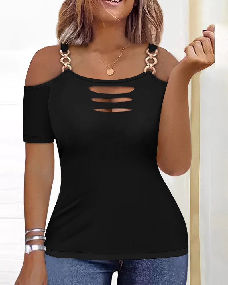 Casual Hollow Neckline Metal Chain Off Shoulder Short Sleeve T-Shirt Women's Top Summer New Fashion Female Elegant Tee Blouses