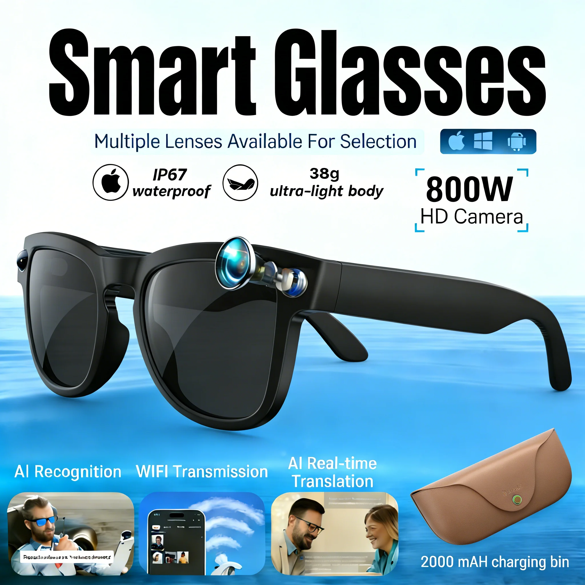 

2026AI smart glasses HD 800W anti-shake camera AI dialogue real-time translation IP67waterproof Bluetooth audio smart sunglasses