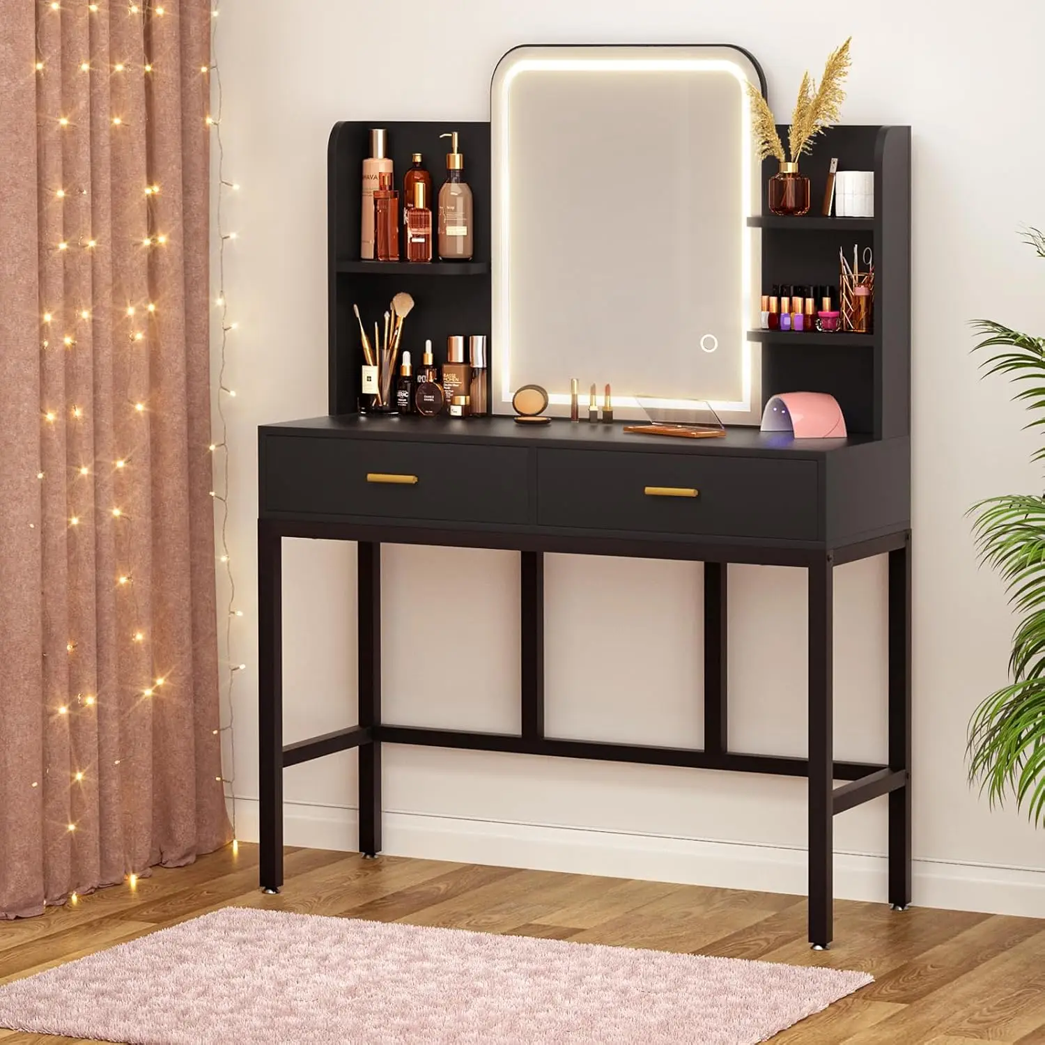 

Vanity Desk with Mirror and Lights,Vanity with 2 Storage Drawers,Table Set with 3 Color Lighting Options,with Storage Shelf