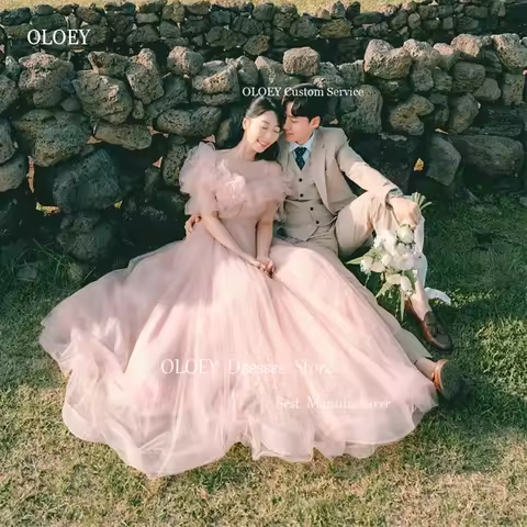 OLOEY Princess Blush Pink Soft Tulle Long Prom Dresses Sleeves Floor Length Evening Gowns Formal Party Dress Korea Bride Dress