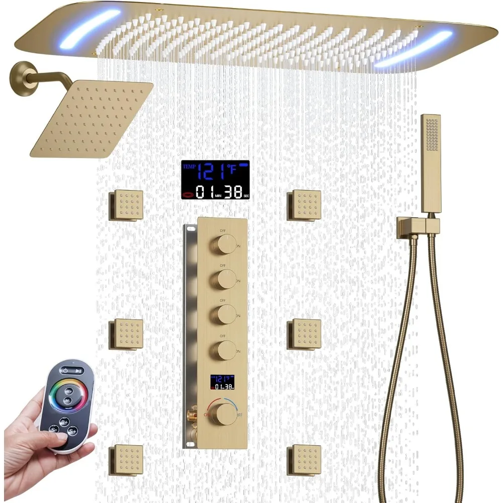 

Brushed Gold Dual Shower Heads System: 16x26 Inch Rainfall and 8 Inch Wall Mount with 6 Jets