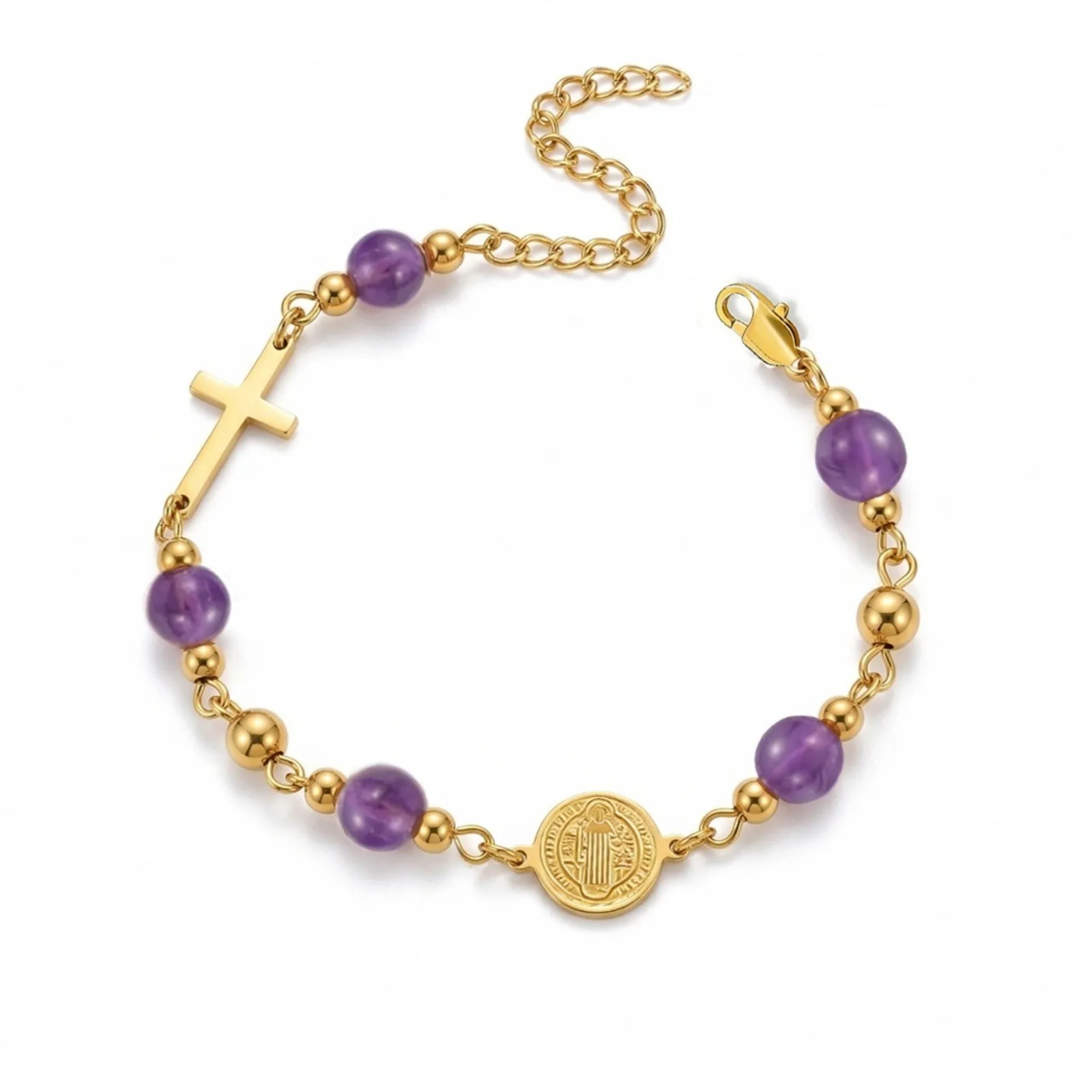 1 Stück religiöses mehrfarbiges Steinperlenarmband mit Kreuz-Jesus-Anhängern, 304 Edelstahl, 18K vergoldet, Geschenk für Frauen, Großhandel – Detail 2