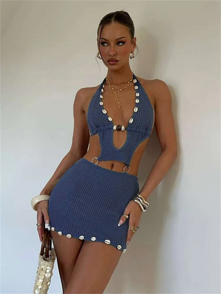 Absobe-minivestido ajustado de punto con cuentas para mujer, vestido corto ajustado con lazo Halter y espalda descubierta, ropa de playa Sexy para vacaciones