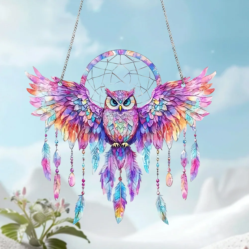 Colorful Owl Sun Catcher Wall Hanging Window Decor Acrylic Stained Glass Decoration For Home Garden Gift Wind Chimes Ornament