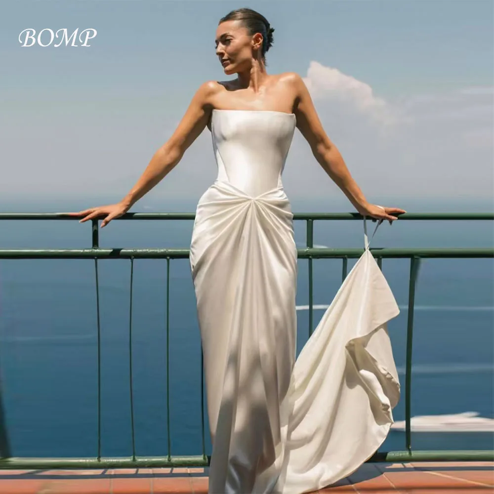 BOMP élégant plissé Robe De soirée De Mariage sans bretelles sirène balayage Train ivoire Satin Robe De mariée personnalisé classique Robe De Mariée