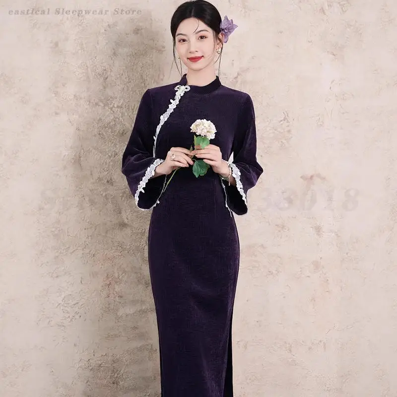 أنيقة الكلاسيكية الإناث طويلة تشيباو مثير سليم سبليت شيونغسام خمر الدانتيل اليوسفي طوق فستان صيني تقليدي Vestidos