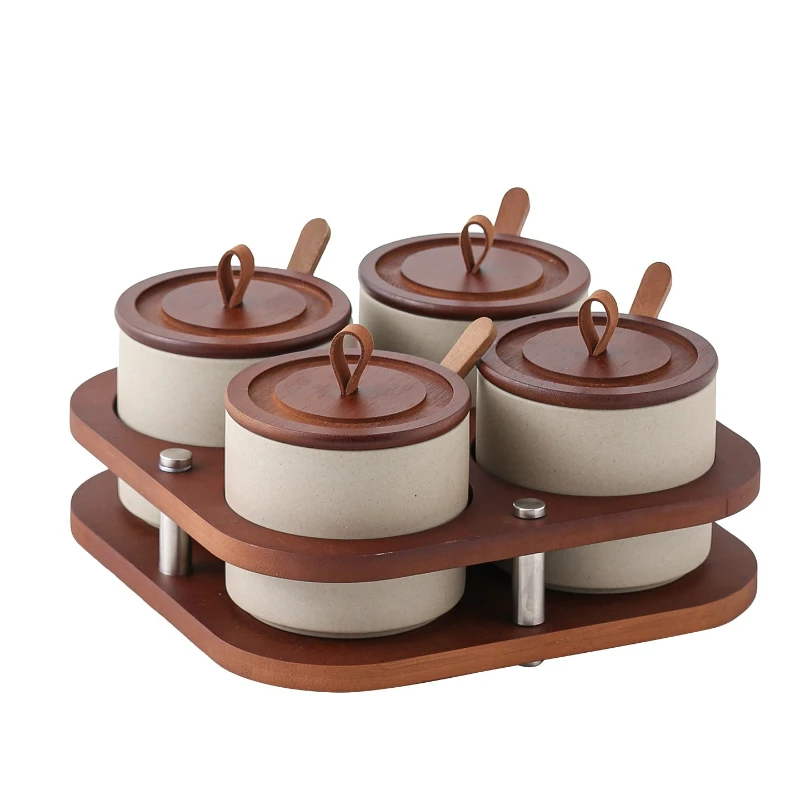 

Panese Style Ceramic Seasoning Jar Bamboo Lid Spice Jar with Spoon Kitchen Sugar Salt Spices Storage Box Household Container