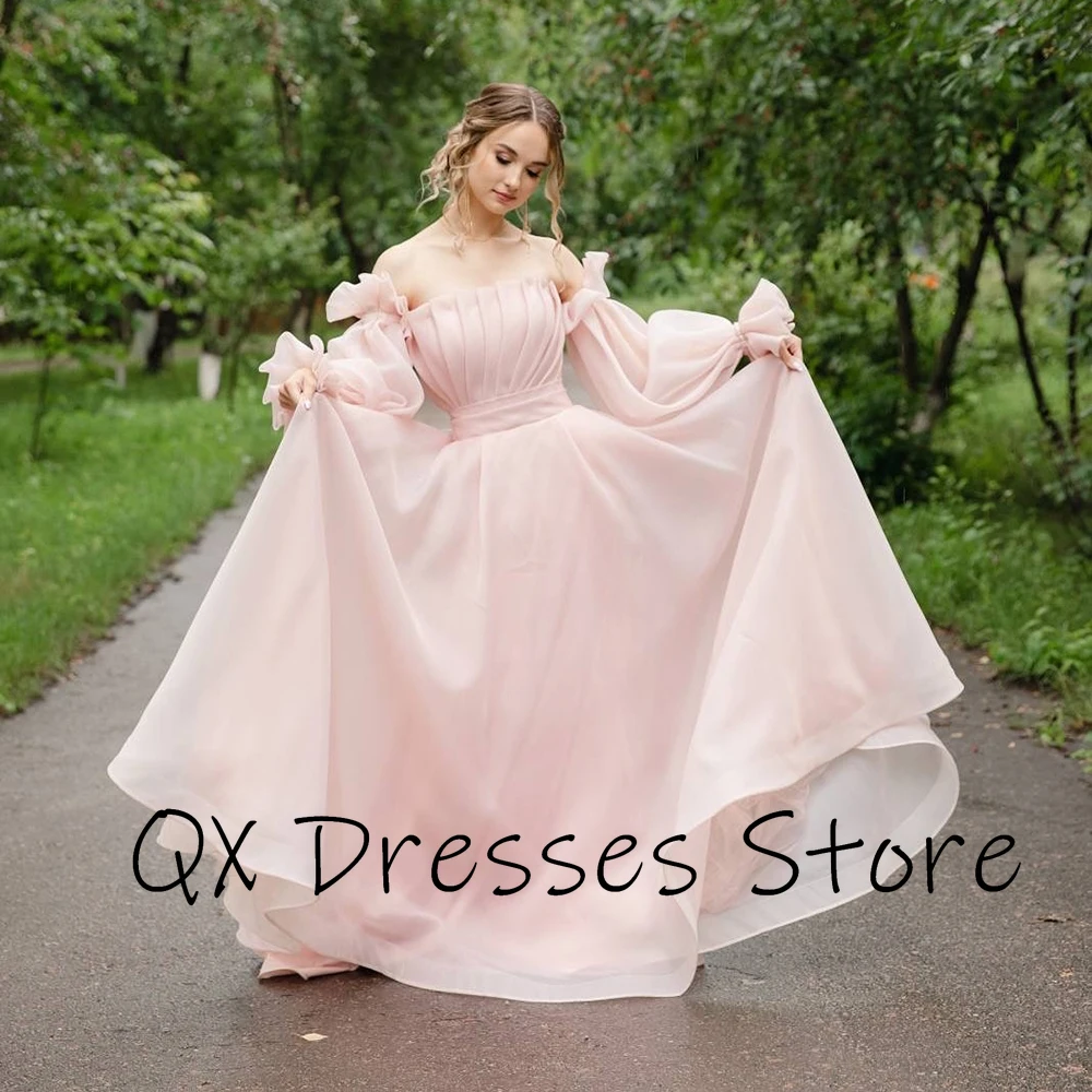 Vestido de noche de tul plisado sin tirantes personalizado, vestido de fiesta drapeado de corte en A con mangas completas, vestido de fiesta largo hasta el suelo sin espalda para mujer