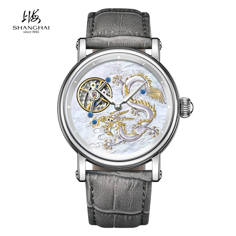 SHANGHAI Watch Carousel Luxury Watches For Men 41.5mm Mechanical Manual Winding Wristwatch Dragon Rotating Dial Tourbillon S2001