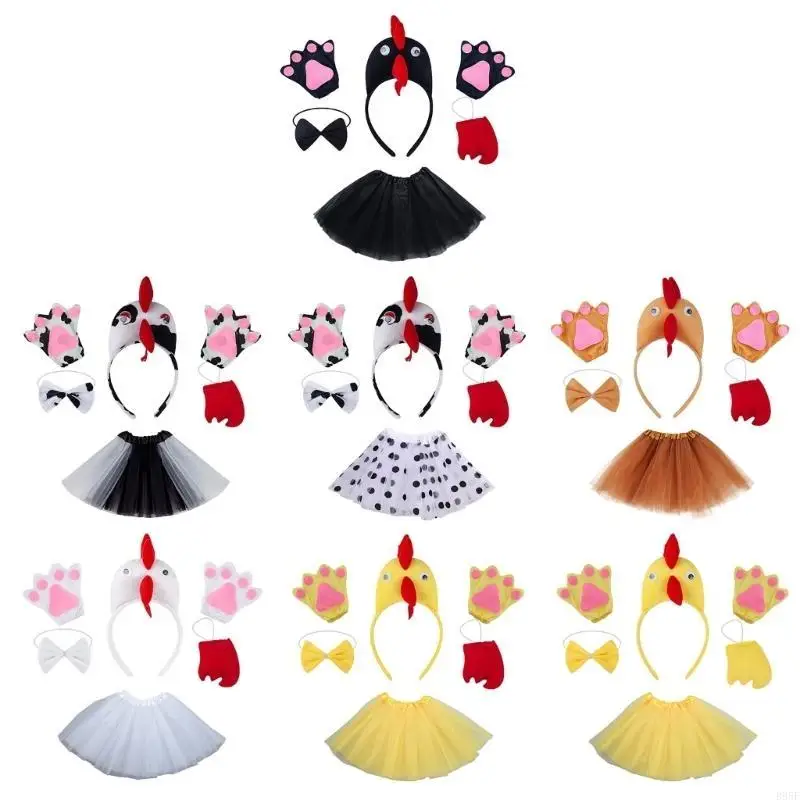 B95F Easter Chicken Costume Set Hairband Chicken Headbwear Rooster Headbands Bowtie Skirt Animal Hair Hoop Set