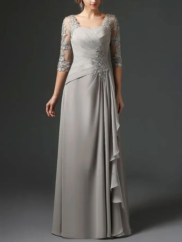 

Elegant Chiffon Lace Gowns Mother Of The Bride Dresses With Half Sleeves Ruffled Flounce Floor-Length Plus Size Custmozied