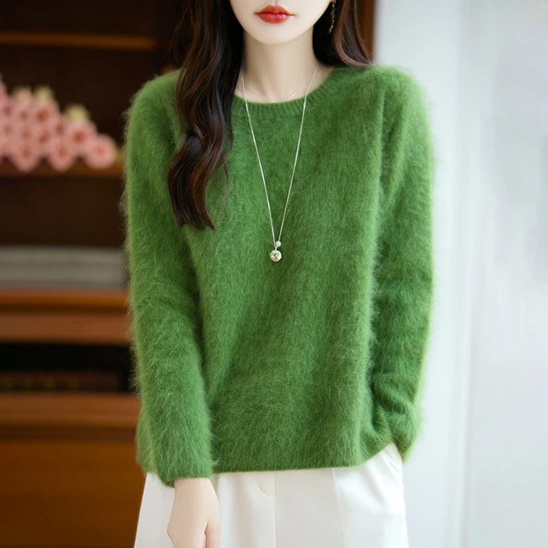 95% Wool 5% Cashmere Women's Clothing Autumn Winter Thickened Round Neck Knitted Sweater Casual Loose Tops Fashion Korean Jumper