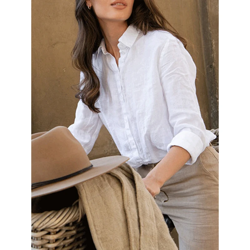 100% Linen White Shirts And Blouses Turn Down Collar Long Sleeve Tops  Chic Elegant Ol Women\'S Shirt Camisas De Mujer