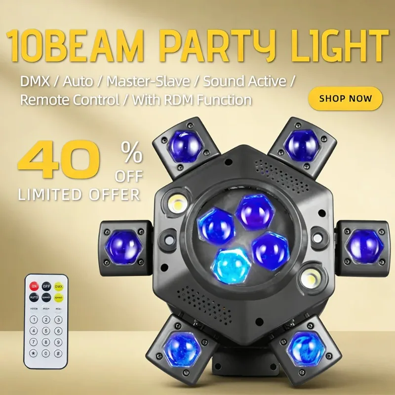 

130W 10Beam RGBW Moving Head DJ Light Stage Disco Light Effect DMX512/Music Controls Adjustable Speed Strobe for DJ Dance Party