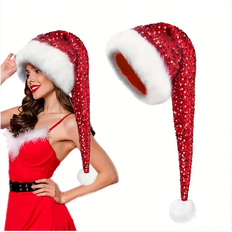 Adult Christmas Glitter Hat Double Layer Thick Long Fur Sequin Party Cap Xmas Decoration