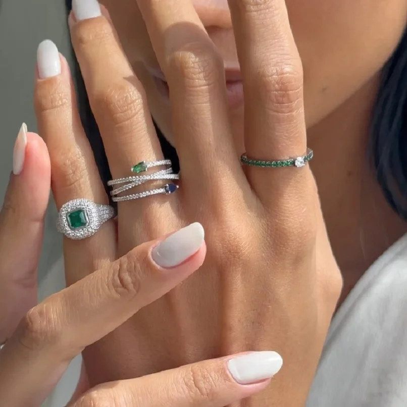 AAA Cubic Zirconia Tail Rings for Women Green Blue Pink Stones Silver Color 2023 Fashion Jewelry for Party Anillos Mujer