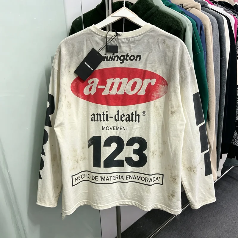 Stain RRR123 Men Vintage Gradient Long Sleeve T‑Shirt Hem Patch Label Loose Drop Shoulder Rolled Edge Washed Distressed Tops Tee