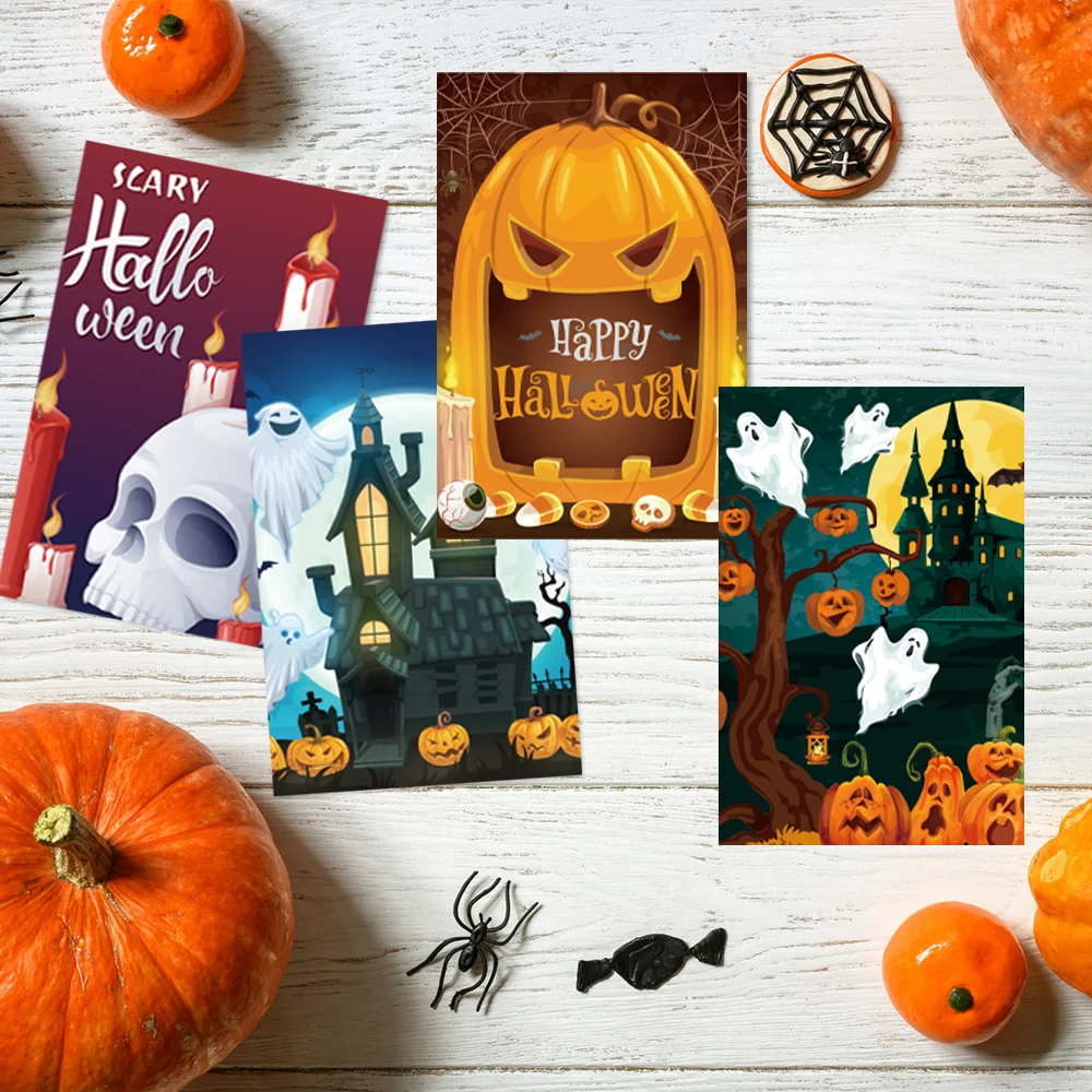 12pcs Vintage Halloween Greeting Cards Pumpkin Ghost Invitation Postcard Trick or Treat Holiday Card Happy Halloween Party Decor