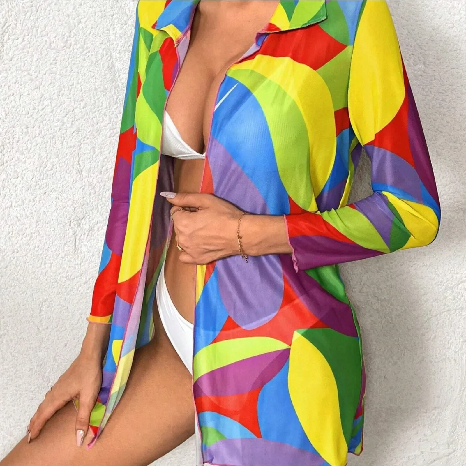 패션 대비 색상 카디건 커버 v 넥 Tulle Chiffon 긴 소매 느슨한 사롱 여성 수영복 수영복