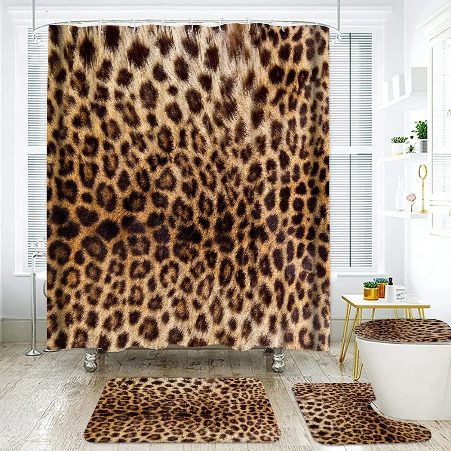 

4-Piece Leopard Shower Curtain Set with Rugs and Hooks, Brown Animal Print Bathroom Decor