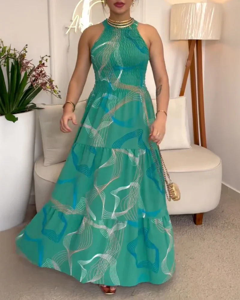

New 2025 Summer Casual Sexy Elegant Dresses for Women Abstract Print Halter Sleeveless Vacation Dress Shirred Layered Maxi Dress