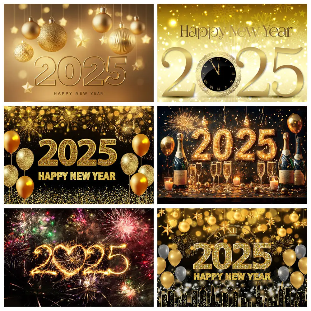 

Happy New Year Photography Backdrop Fireworks Clocks Champagne Golden Glitter Balloons Family Party Background Photo Studio Prop