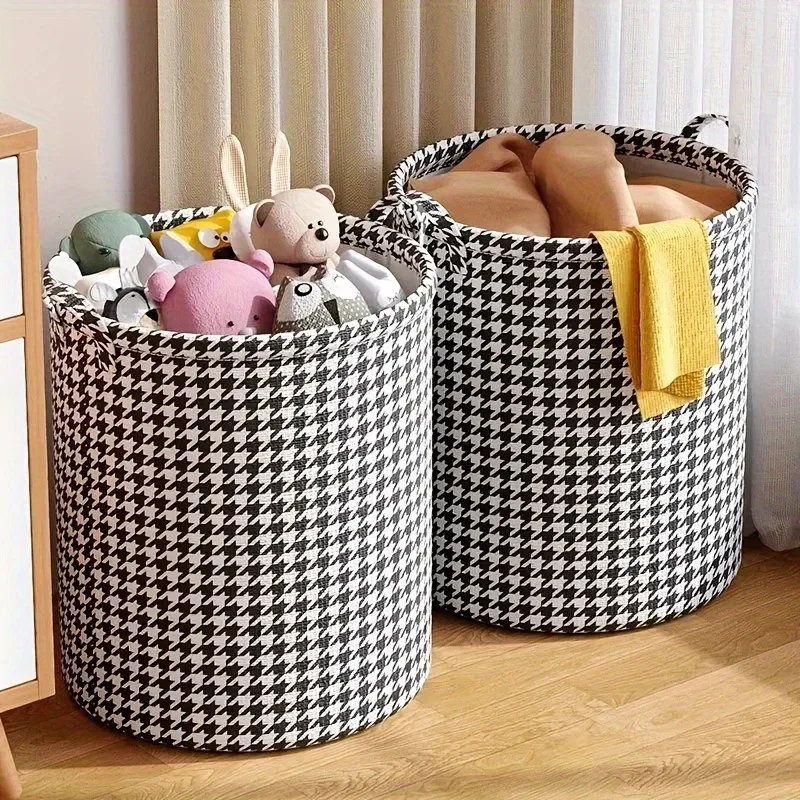 A foldable elegant checkered textile laundry basket with a handle, suitable for bedrooms and living rooms, with random patterns