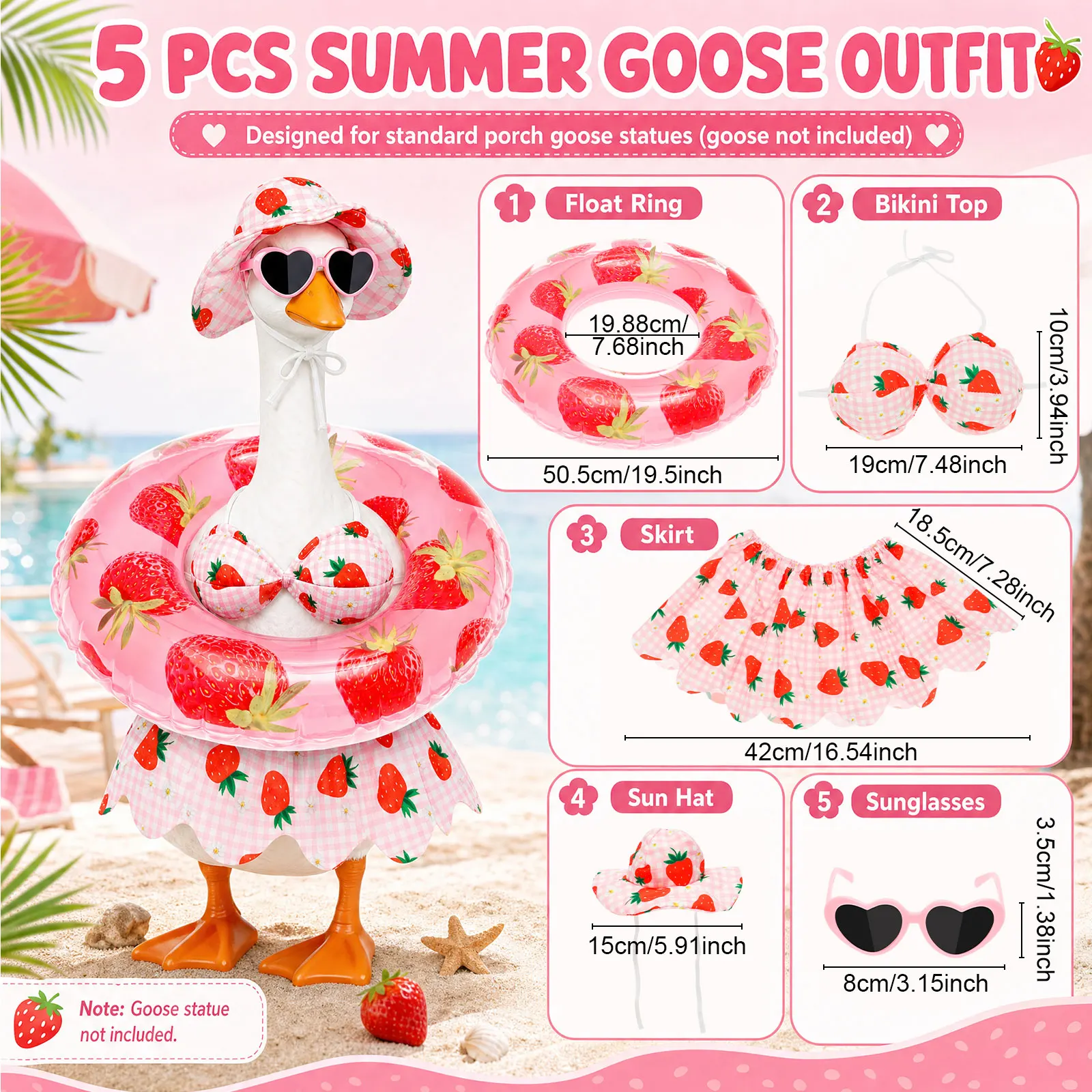 23 Inch Porch Goose Bikini Outfit Hawaiian Summer Cement Goose Statue Costume with Swim Ring and Hat for Lawn Garden Party Decor