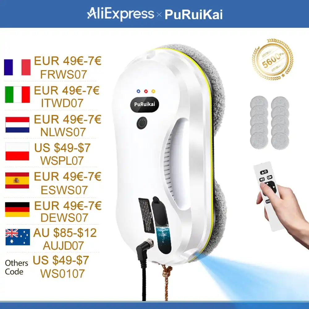 PuRuiKai Window Cleaning Robot Automatic Cleaning with Intelligent Path Planning, 5600Pa Suction Power, Edge Detection Tech