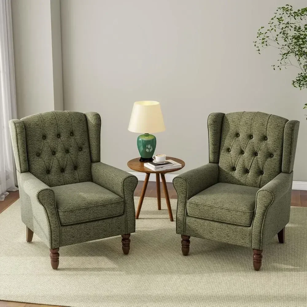 Upholstered Wingback Armchair with Button-Tufted High Back and Solid Wood Legs, Ideal for Reading and Small Spaces in Living Roo