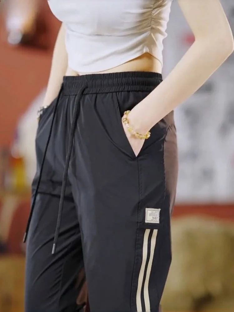 

Ice Silk Breathable Men's Summer Thin Stripe Quick Dry Casual Pants Loose Fit Elastic Waist Nylon Fabric Lightweight Workwear