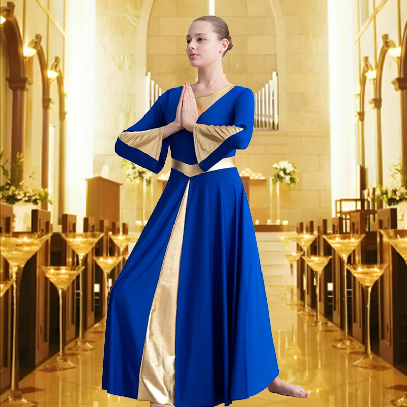 Women's Praise Dance Dress Long Sleeve Loose Fit Church Dancewear Metallic Full Length Liturgical Worship Costume Dance Dress