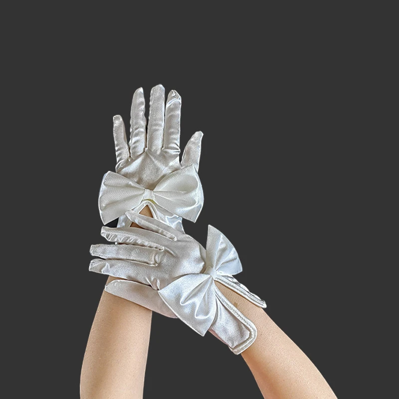 

Women Short Satin Gloves Bridal Bow Wedding Glove Girl Lady Etiquette Mittens Party Dance Full Finger Gloves