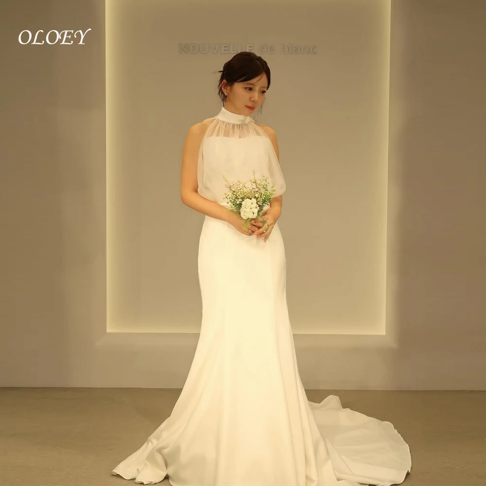 فساتين زفاف OLOEY برقبة رسن كورية غمد فساتين زفاف من الساتان العاجي بدون أكمام مشد مخصص فساتين العروس الجميلة مقاس كبير