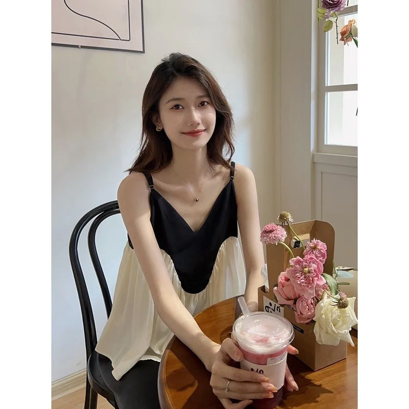 

plus Size Women's Summer Loose Shoulder Bared Patchwork Vest Doll Shirt Special Large Size 300 Pounds Strap on Top