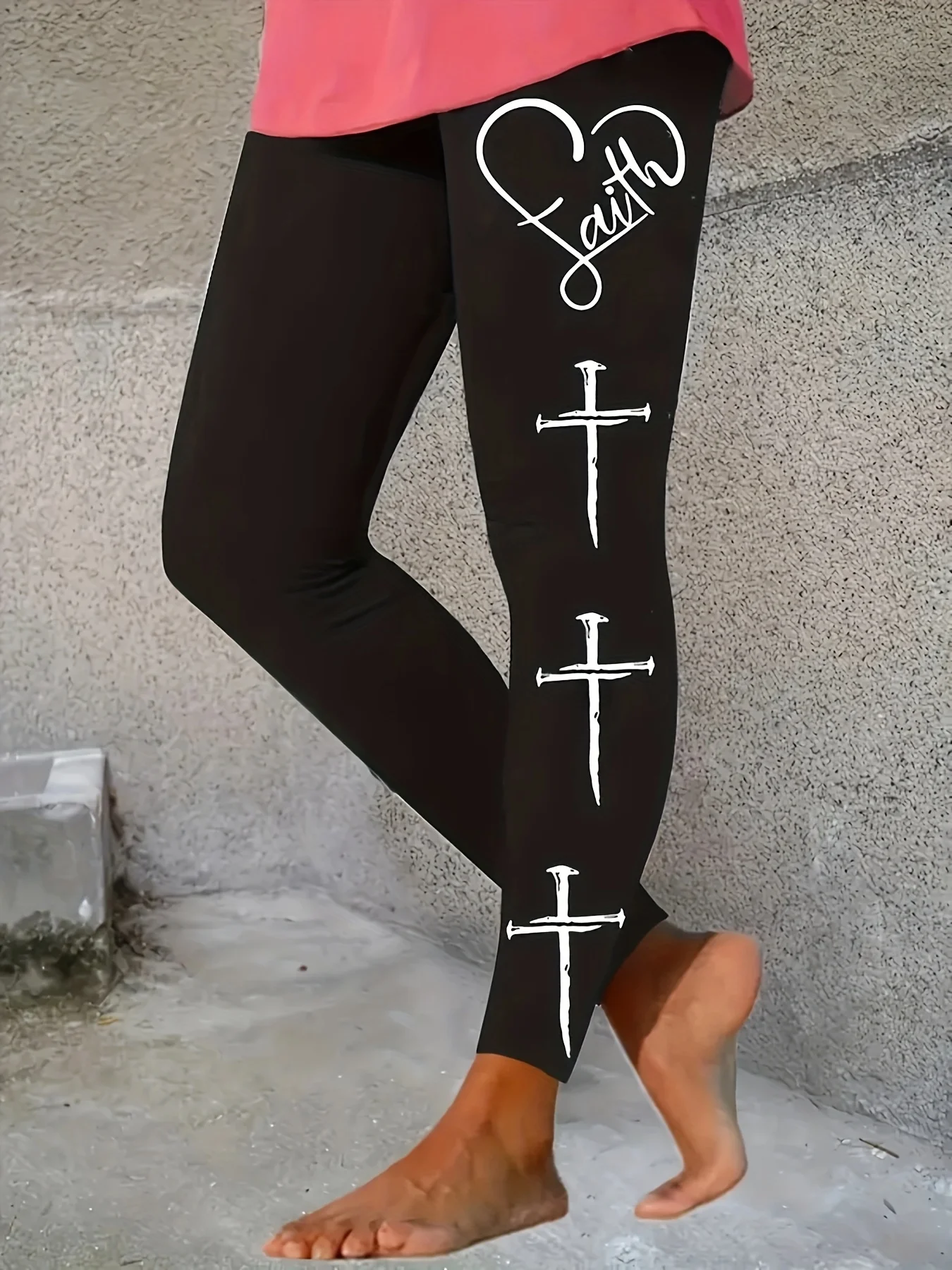 Women Heart Cross Letter Print Fleece Lined Leggings Mid Waist Stretch Fitness Yoga Sports Pants