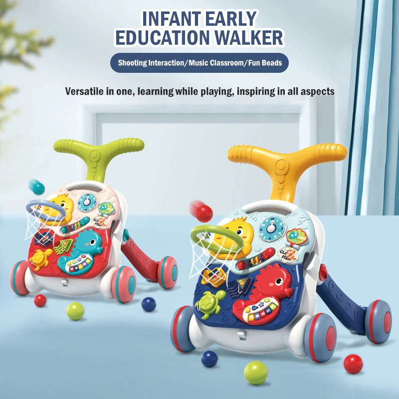 Baby Walker With Wheel Sit-To-Stand Hand Push Learning Walker Basketball Stroller Music Multifunctional Kids Educational Toys