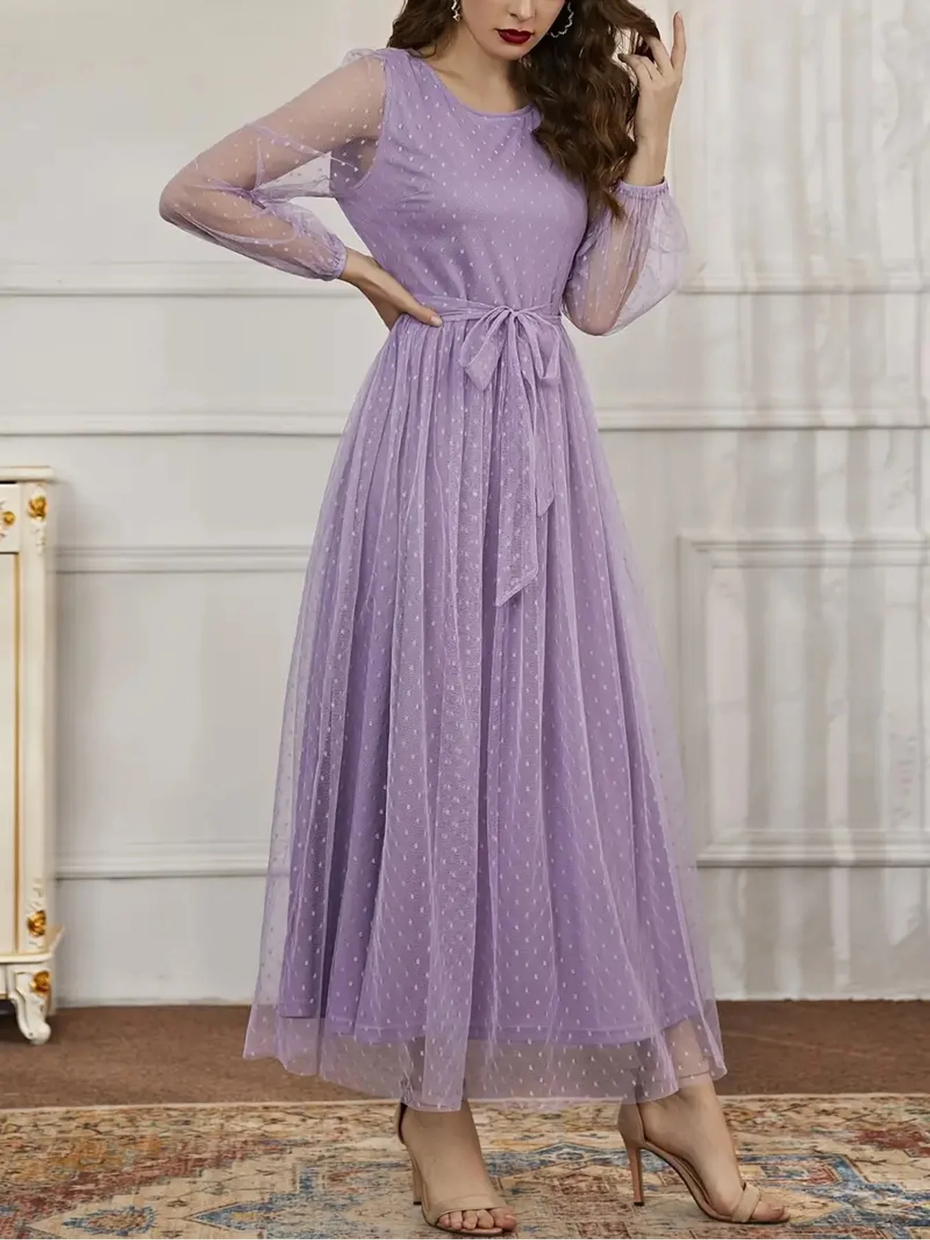 Damen Casual und Elegantes Halbtransparentes Langarm-Kleid mit Rundhalsausschnitt, Einfarbig, Hohe Taille und Durchsichtigem Gürtel – Detail 8